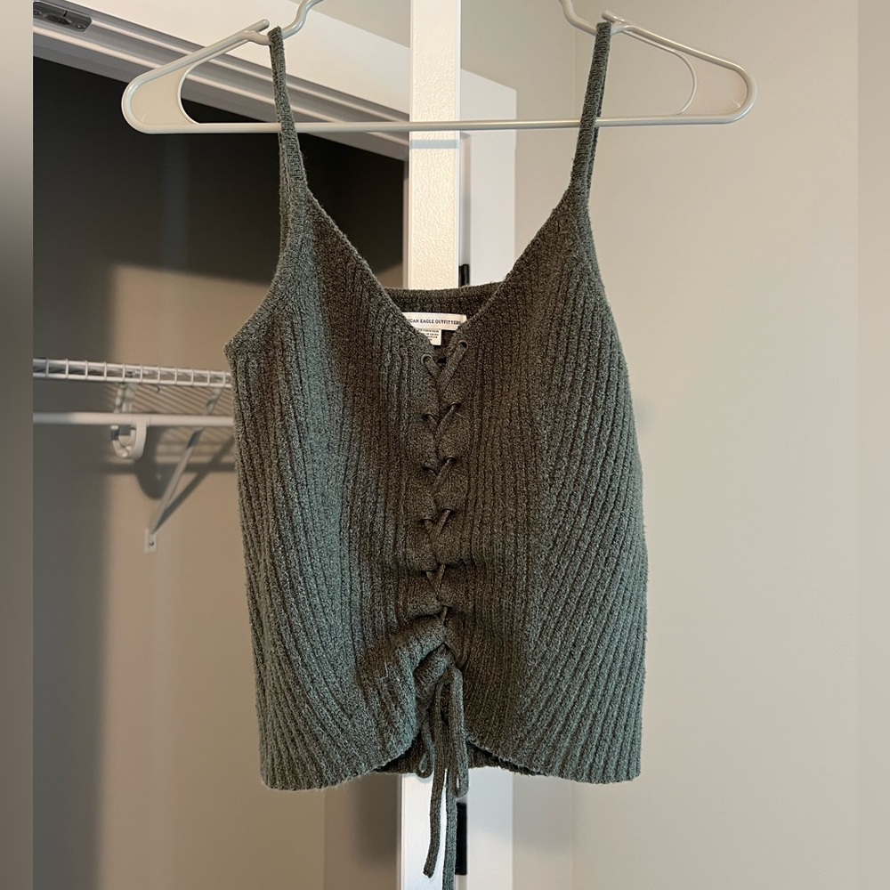 Tie front, olive green knit cropped tank